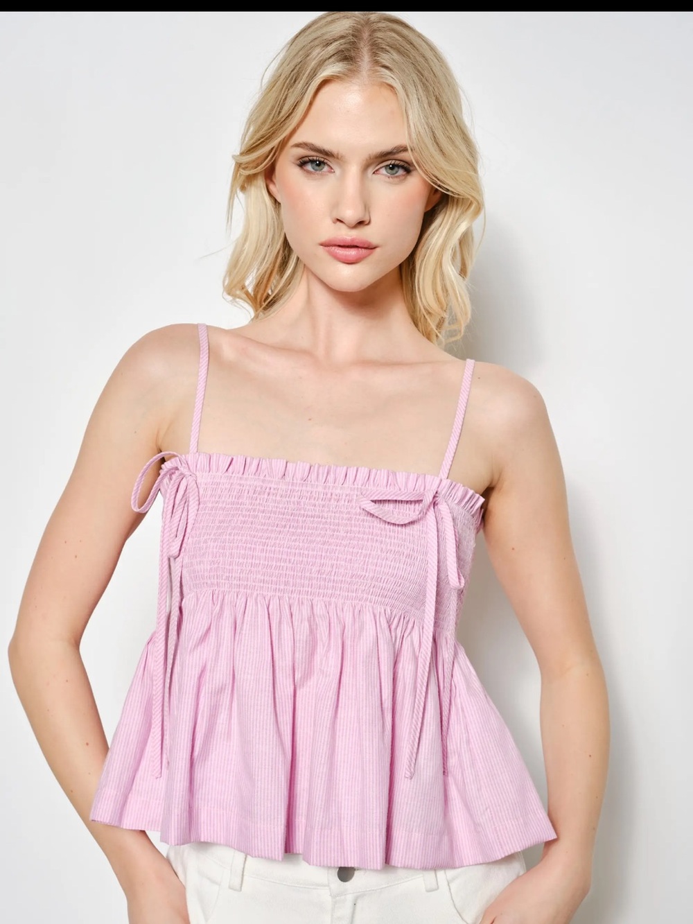 Pretty Garbage Pink Smocked Babydoll Cami Top.